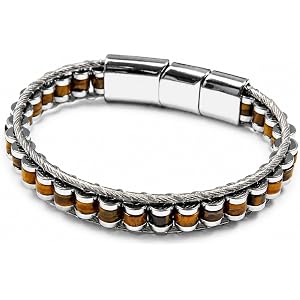 Perlavita Bracelet for Men, Natural Gemstone and Stainless Steel Mens Bracelet, Braided Cable Link Style Wristband, Handmade