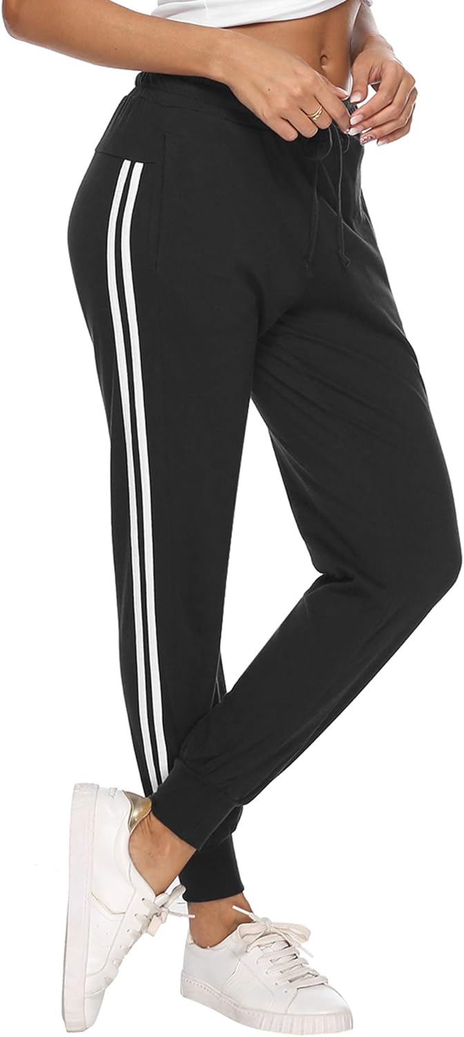 Aibrou Womens Jogger Sports Pants Side Stripes Drawstring Sweatpants Yoga Workout Bottoms with Pockets: Clothing