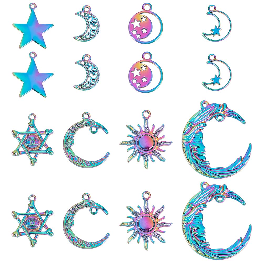PH PandaHall 8 Style Star Moon Charm Sun Celestial Pendant, 16pcs Ramadan Pendant Rainbow Color Charms Dangle Charms for Jewellery Making Accessory DIY Crafting Necklaces Earrings Bracelets