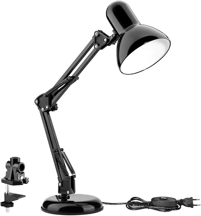 Support Lampe De Bureau à Pince - Métal Noir Réglable - Fixation C Pour Table
