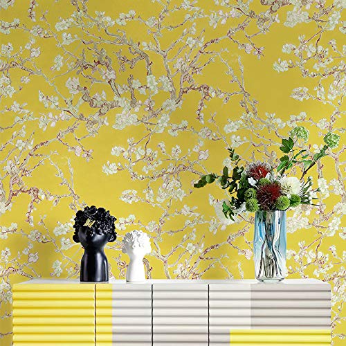 prior.choice 10X0.53M Almond Blossom Oil Painting 6 Colors Waterproof Embossed Textured PVC Wallpaper Roll for Bedroom Livingroom 1.73' W x 32.8' L=5.3㎡ (57sq.ft) (Lemon Yellow)