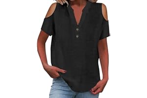 MEKOUIYE Cotton Linen Tops for Women 2025 Trendy Summer Cold Shoulder Short Sleeve Casual Loose V Neck Button Up Henley Shirt