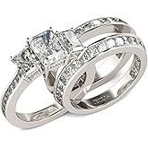 Jeulia 3PC Bridal Ring Sets for Women Three Stone Radiant Cut Engagement Rings Sterling Silver Wedding Band Interchangeable Rings Promise Anniversary with Jewelry Box