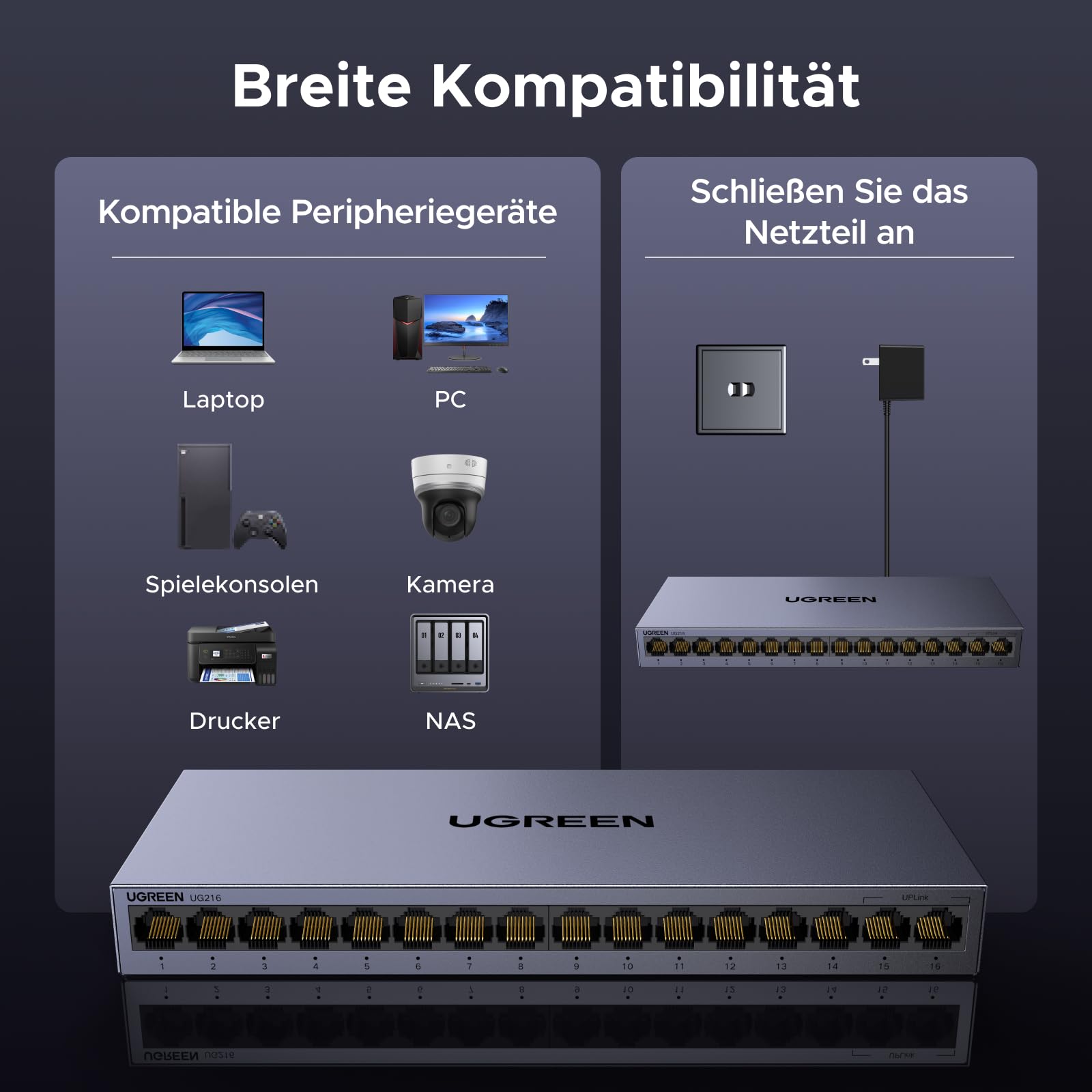 UGREEN LAN Switch 16 Port Netzwerk Switch Gigabit Switch automatische Geschwindigkeit von 10/100/1000Mbps,Unmanaged,Portisolierung ,Metallgehäuse Ethernet Switch für TV/Laptop/Switch/Router/Monitor 6