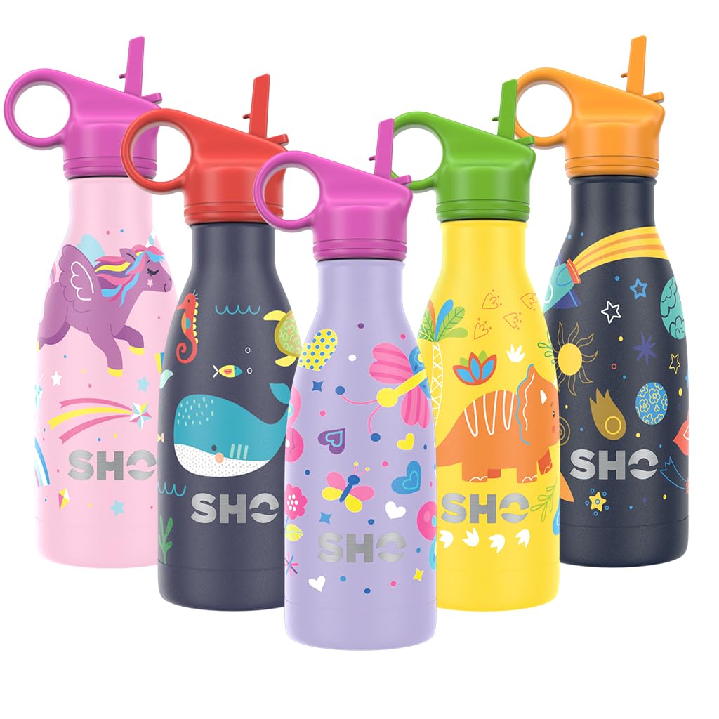 SHO Kids Bottle - Original 2.0 - Ultimate Insulated, Double Walled Stainless Steel Vacuum Flask & Water Bottle - 12 Hours Hot & 24 Hours Cold - 260ml - BPA Free (260ml, Butterfly Dance with Straw Lid) — image 1