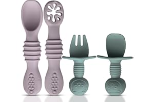HippoBaby 4pc Silicone Baby Spoons Self Feeding Baby Utensils 6-12 Months - 3 Baby Spoon - 1 Baby Fork - Toddler Cutlery Set - BPA Free, Dishwasher Safe, Baby Eating Essentials (Light pink/Army Green)