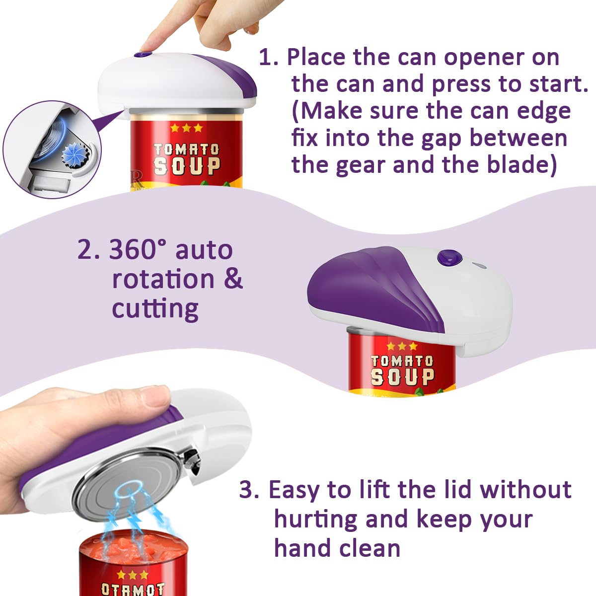 Electric Can Opener,Automatic Can Opener,Hands Free/Smooth Edge/Battery Operated/Portable One Touch Opener,Electric Can Openers for Kitchen Present for Seniors with Arthritis (Purple)