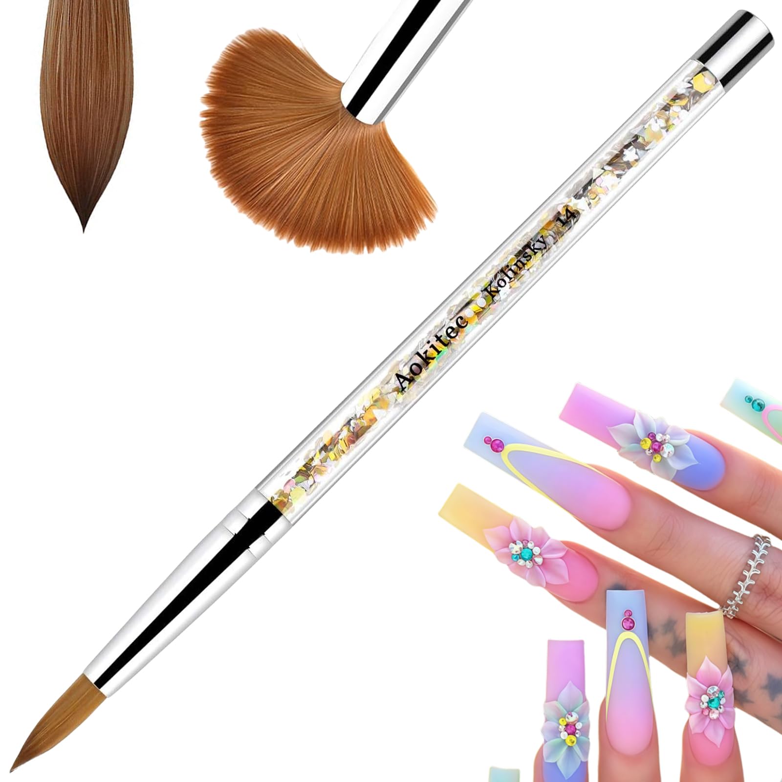 Aokitec Kolinsky Acrylic Nail Brush #14 Sable Acrylic Brush Wood Nail Art Brush for Acrylic Application Polygel Brush Nail Art Manicure Tool