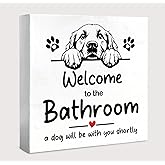 WXHUM Cute Bathroom Dog Decor and Accessories Wall Desk Wood Box sign, Golden Retriever Bath Decorations for Bathroom Toilet, Welcome Signs, Gifts for Dog Lovers, 5x5 inch