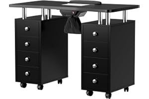 Hicomony Nail Desk for Nail Tech,Black Gold Manicure Table, Chic Nail Table Beauty Salon Station with One Key Dust Collector,Nail Arm Rest, Lockable Wheels,Acetone Resistant