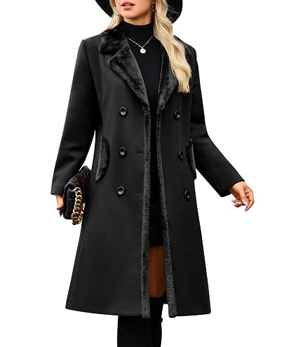 tuduoms Women's Belted Trench Coat with Faux Fur Collar Vintage