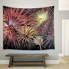 Colorful Panoramic View of Fireworks Over Night Sky - Fabric Wall Tapestry Home Decor - 51x60 inches