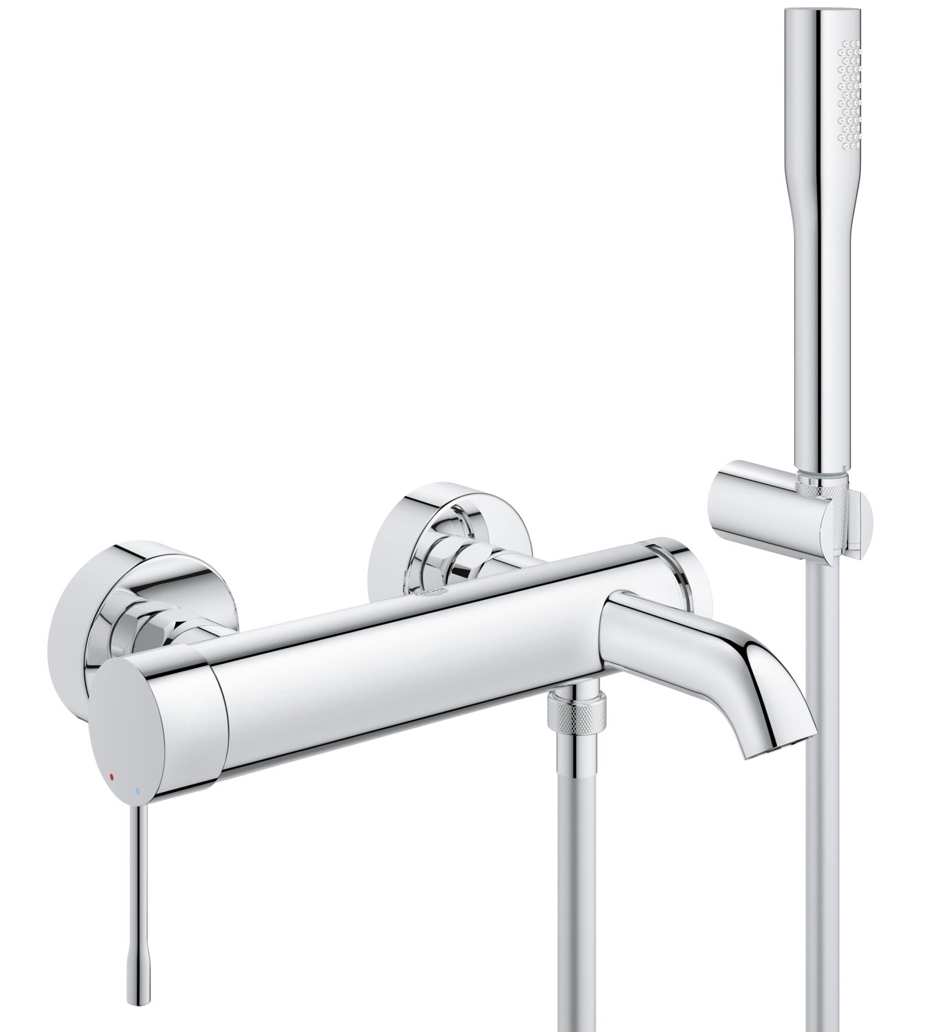 GROHE Essence Wall-Mounted Bath Tap with Shower Set (35 mm Ceramic Cartridge, Automatic Diverter: Bath, Stick Hand 1 Spray, Hose 1.5 m, Wall Holder), Chrome, 33628001