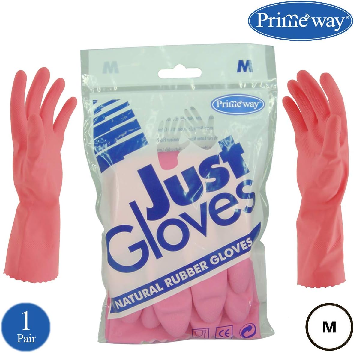 Primeway® Rubberex Flocklined Rubber Hand Just Gloves, 1 Pair, Pink, Medium