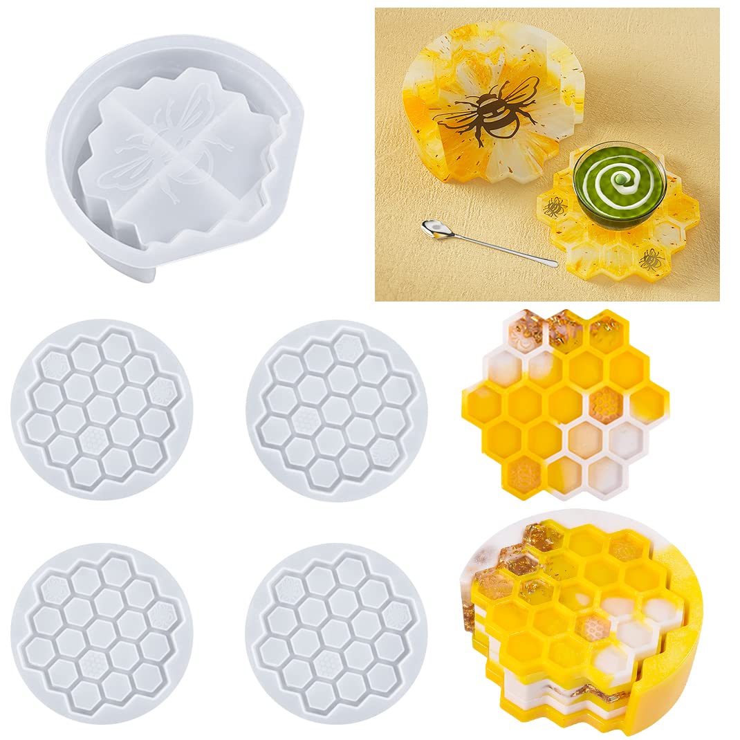 DIYBravo 5Pcs Honeycomb Coaster Resin Moulds with Bee Box Mould Set, Epoxy Coaster Moulds for UV Resin, Cup Mats Moulds for DIY Resin Crafts, Home Decoration (Honeycomb)