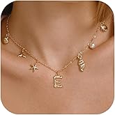FANZE Initial Necklaces for Women, Personalized Letter Pendant Necklace, Ocean Seashell Starfish Jellyfish Faux Pearl Adjustable Link Chain, Summer Beach Surfer Boho Charms Alphabets Jewelry Gifts