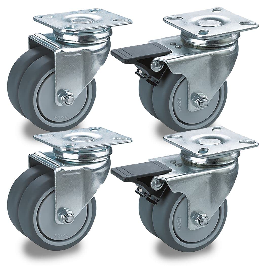 50mm Set of 4 Twin Swivel Castors with Plate Fitting (TPR Rubber, 2 Braked / 2 Swivel, Ball Bearing, Double Wheels) Model 6420/30050SHK-x2+2
