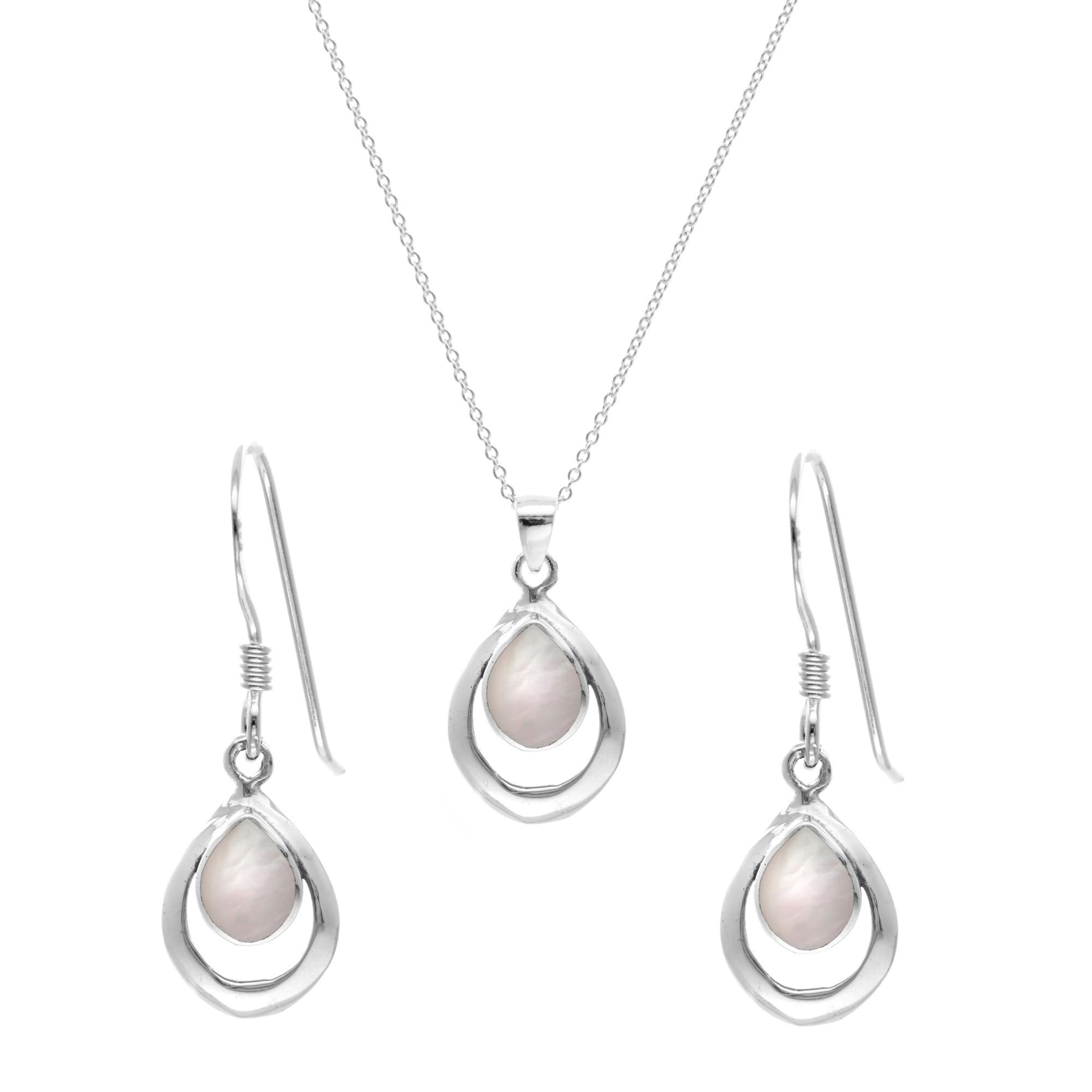 Silverly Sterling Silver Mother of Pearl Open Teardrop Jewellery Set for Women - 925 Silver Pear-Shaped MOP Drop Earrings – Simple Minimalist Birthstone Earrings and Necklace - Gemstone Jewellery Gift