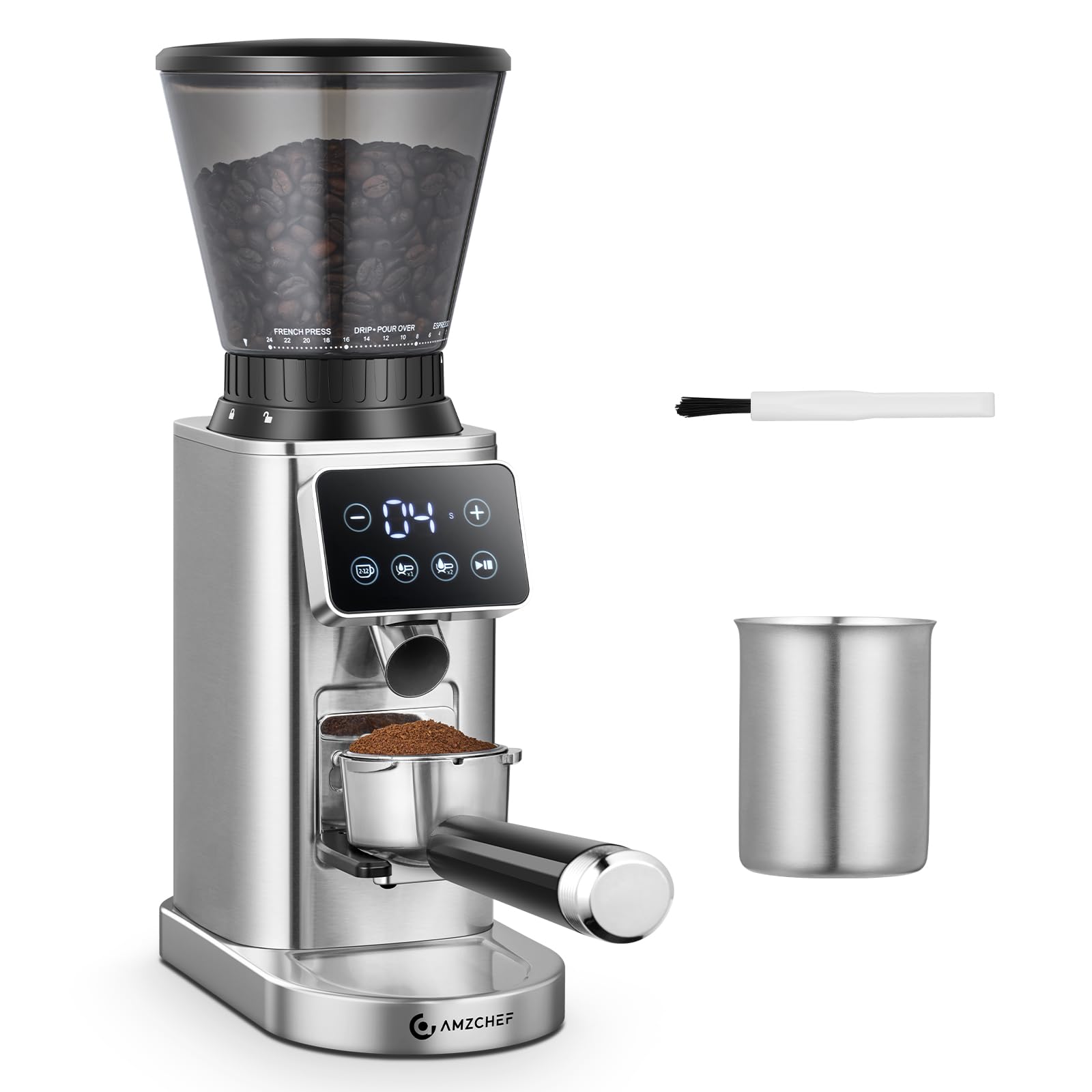 AMZCHEF Coffee Grinder, Coffee Bean Grinder for Home Use with Precise Grinding, LED Control Panel, Detachable Funnel Stand, Anti-static Design, 48 Grind Settings, Silver
