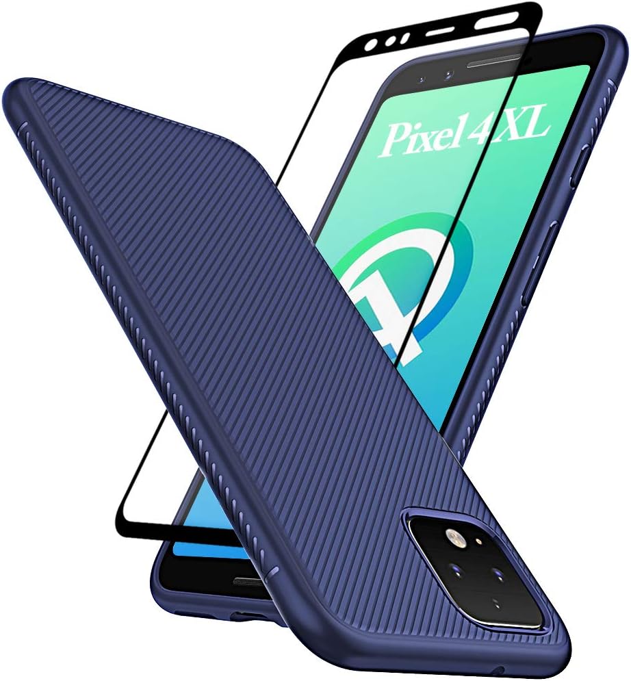 Huness Google Pixel 4 XL Case with Tempered Glass Screen Protector Scratch Resistant Anti Slip Grippy Soft TPU Case for Google Pixel 4 XL Phone (Blue)