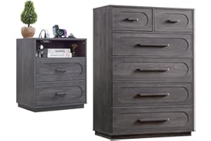 Harpaq 2 Pieces Bedroom Set, Modern 6 Drawer Dresser and 2 Drawer Nightstand with Open Shelf, Wood Chest of Drawers Storage Cabinet Set for Bedroom, Living Room, Gray