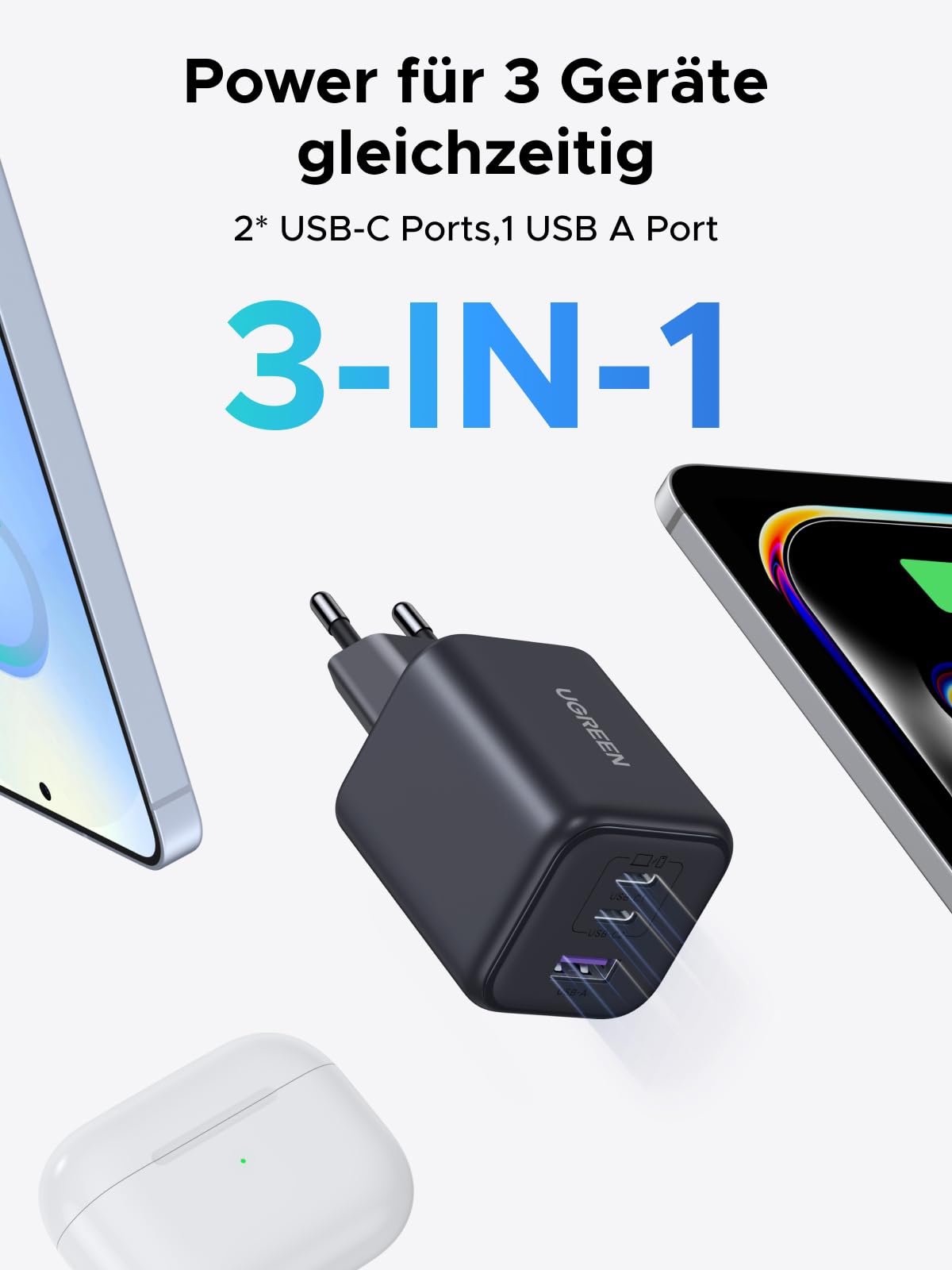 UGREEN 45W USB C Ladegerät 3-Port PPS Schnellladegerät 30W PD Netzteil GaN Charger Adapter kompatibel mit Galaxy S25 Ultra, S24, iPhone 17 Pro Max, MacBook Air, iPad, Tab A8, Pixel 9, HomePod 3