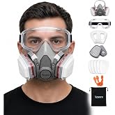 Tesoro Moda Respirator Mask for Spray Painting, Woodworking, Welding, Dust, and General Safety with Clear Eye Goggles, 10 Replacement Filters, Half Face Cover with Safety Glasses