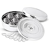KSJONE Double Lid Spice Container Masala Dabba With 7 Compartments and 7 Spoons, Masala Box, Spice Container Box, Stainless Steel condiment box Indian with Double Lid, 7.3 inch