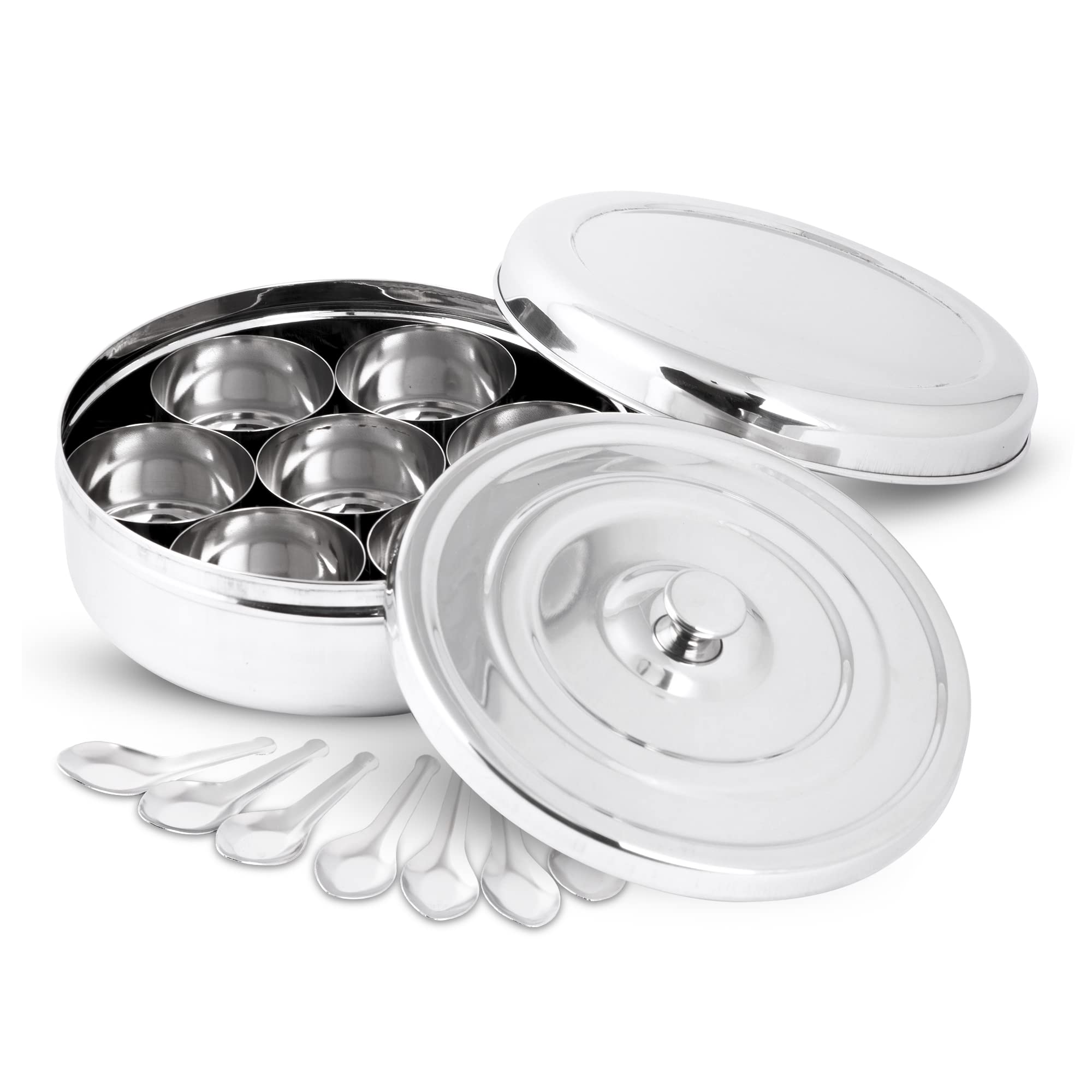KSJONE Double Lid Spice Container Masala Dabba With 7 Compartments and 7 Spoons, Masala Box, Spice Container Box, Stainless Steel Spice Box Indian with Double Lid, 20.32 cm