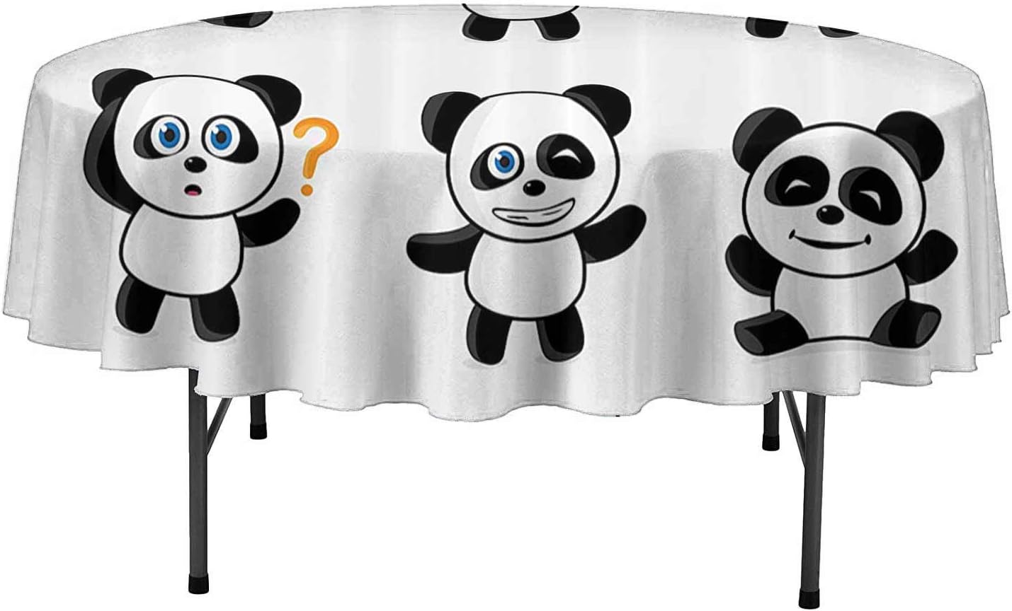 Wrinkle Free Dinner Tablecloth Animal Decor Collection Pandas with Heart Shapes Question and Exclamation Marks Creative Lovely Illustration Table Cover for Home Use. D63 Inch Black White