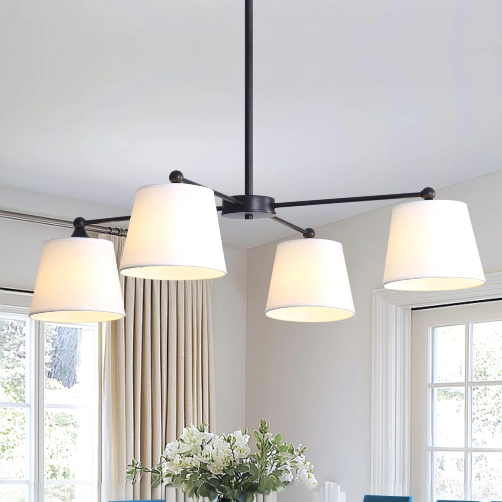 Photo 1 of Farmhouse Chandelier,35 Inch Black 4 Lights Rustic Ceiling Pendant Light,White Fabirc Semi Flush Chandelier Fixture Linen Shades for Dining Room Bedroom Entry
