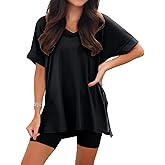 Ophestin Women's 2 Piece Lounge Sets Short Sleeve Track suits Pajamas Oversized T Shirts Top Shorts Matching Set Outfits