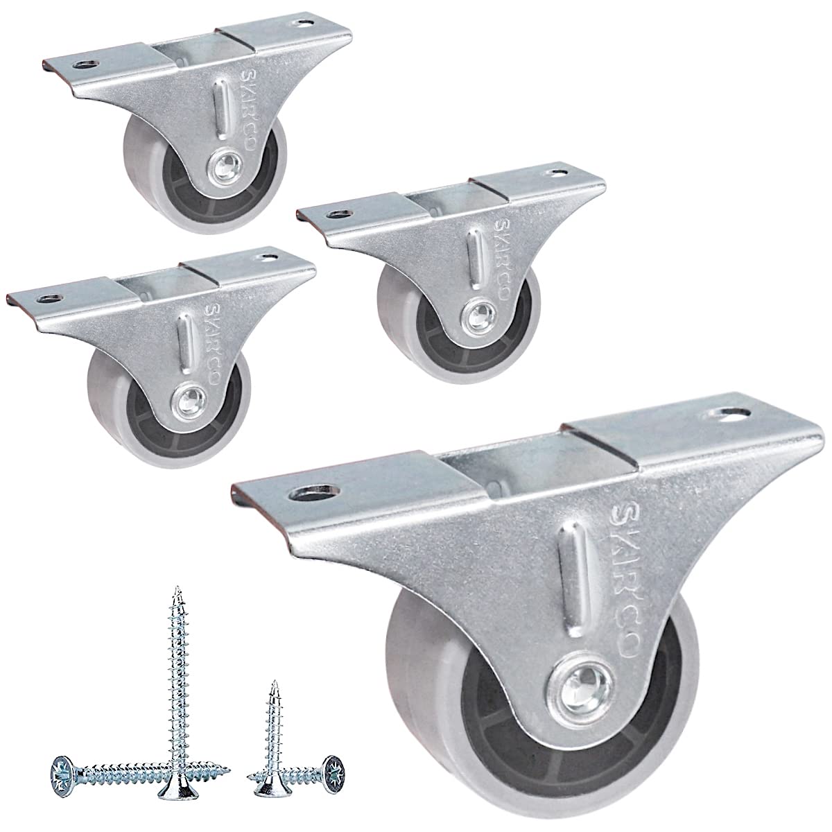 SKIR'CO (Pack of 4 pcs) Small 30 mm Furniture Castors, Grey Rubber Wheels, Fixed Casters, Non-Swivel, One-Way Direction, Screws Included (4)