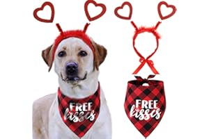 PAWSKIDO Valentines Day Dog Costume, Red Heart Headband and Buffalo Plaid Pet Bandana