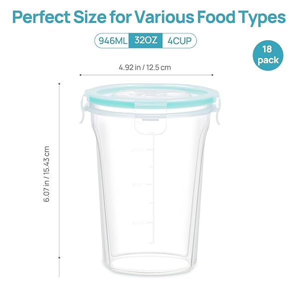 VTOPMART 18 PACK 32OZ FREEZER STORAGE CONTAINERS, SOUP CONTAINER WITH AIRTIGHT LIDS, REUSABLE PLASTIC MEAL PREP CONTAINER, DELI CONTAINERS FOR LUNCH, SALAD, LEFTOVER, OATS, MICROWAVE/DISHWASHER SAFE