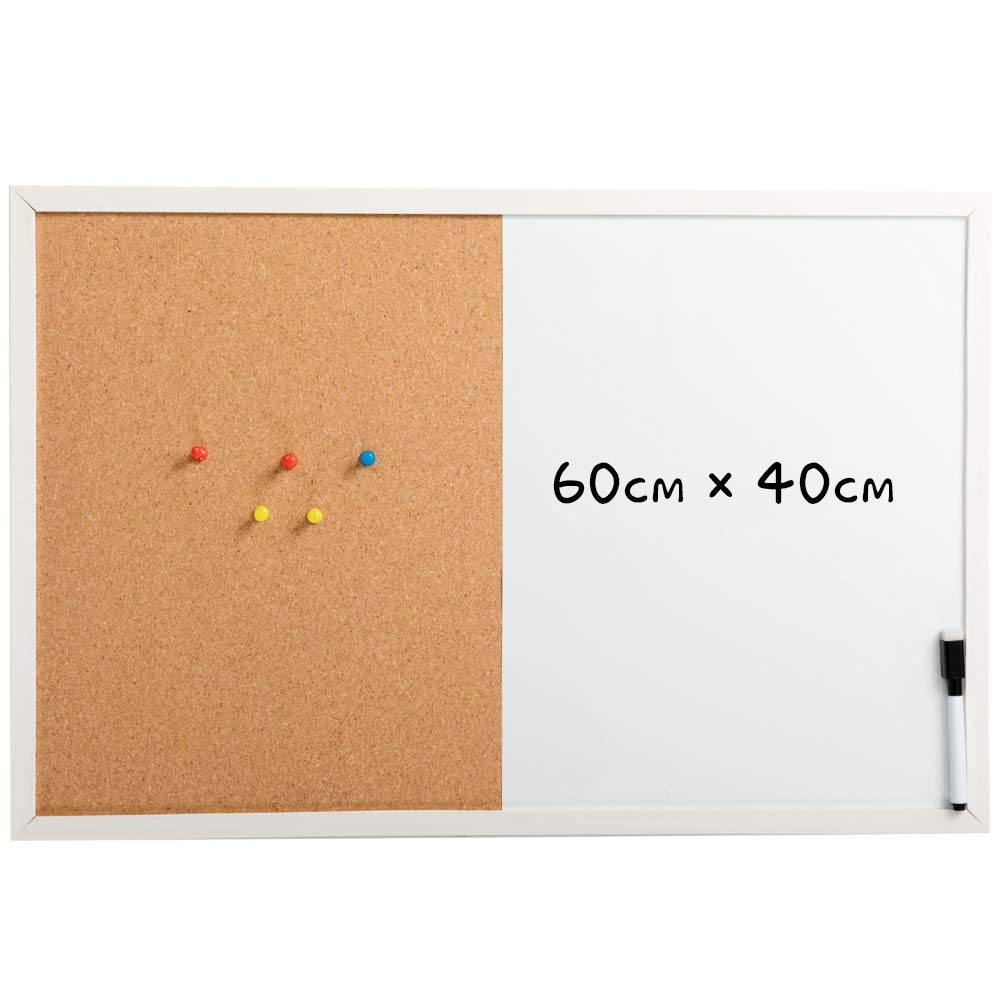 DOEWORKS 60 x 40cm Magnetic Whiteboard & Cork Board Combo Board, Wall Mounted Hanging Notice Board, Dry Erase and Bulletin Combination Board with White Wood Frame