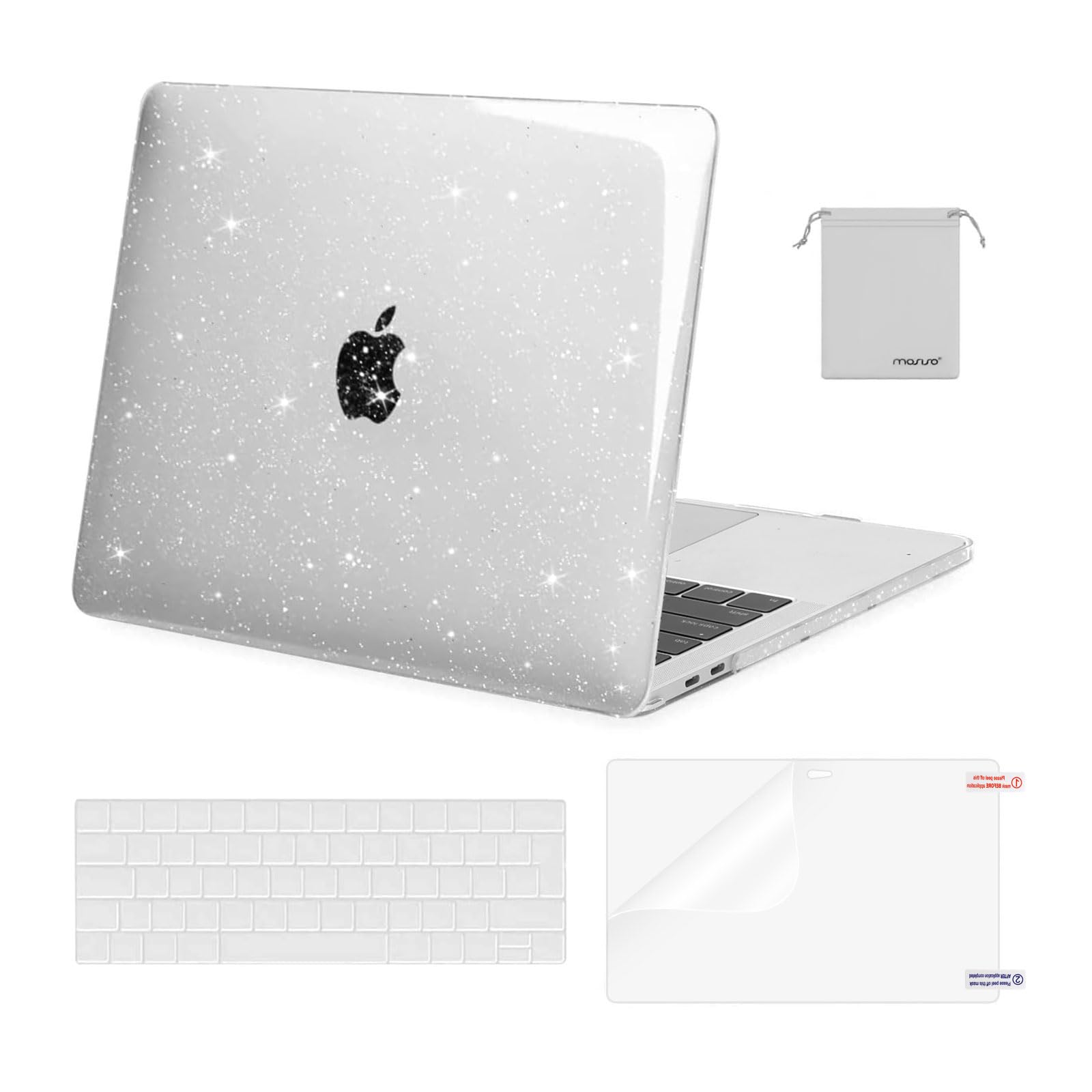 MOSISO Compatible with MacBook Pro 13 inch Case M2 M1 2026 2025 2024-2016 A2338 A2289 A2251 A2159 A1989 A1706 A1708, Sparkly Glitter Hard Shell Cover &Keyboard Skin&Screen Protector&Pouch, Transparent