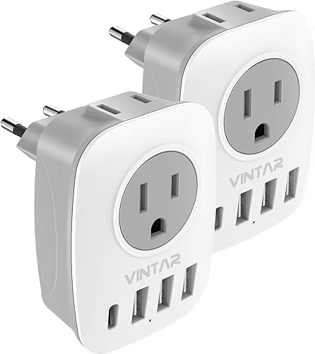 VINTAR 2 Pack European Travel Plug Adapter, Type C Adapter for Europe | 2 AC Outlets, 4 USB Ports (1 USB C), 6 in 1 Travel Essentials Converter, For Canada to EU Italy Greece Spain France Germany
