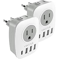 [2-Pack] European Travel Plug Adapter, VINTAR International Power Adaptor with 1 USB C, 2 American Outlets and 3 USB…