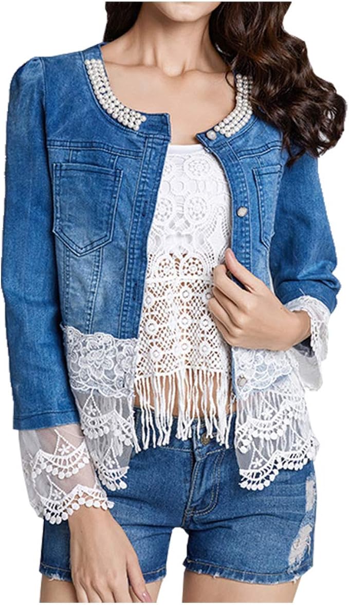 denim blouse with pearls
