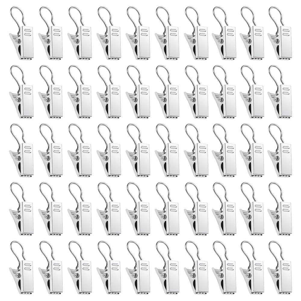 ALLisWE 50PCS Stainless Steel Curtain Hooks, Heavy-Duty Hook Clip Set, Light Hangers Wire Holders for Home Decorations, Bathroom, Shower Curtains, Photo Decors (Silver)
