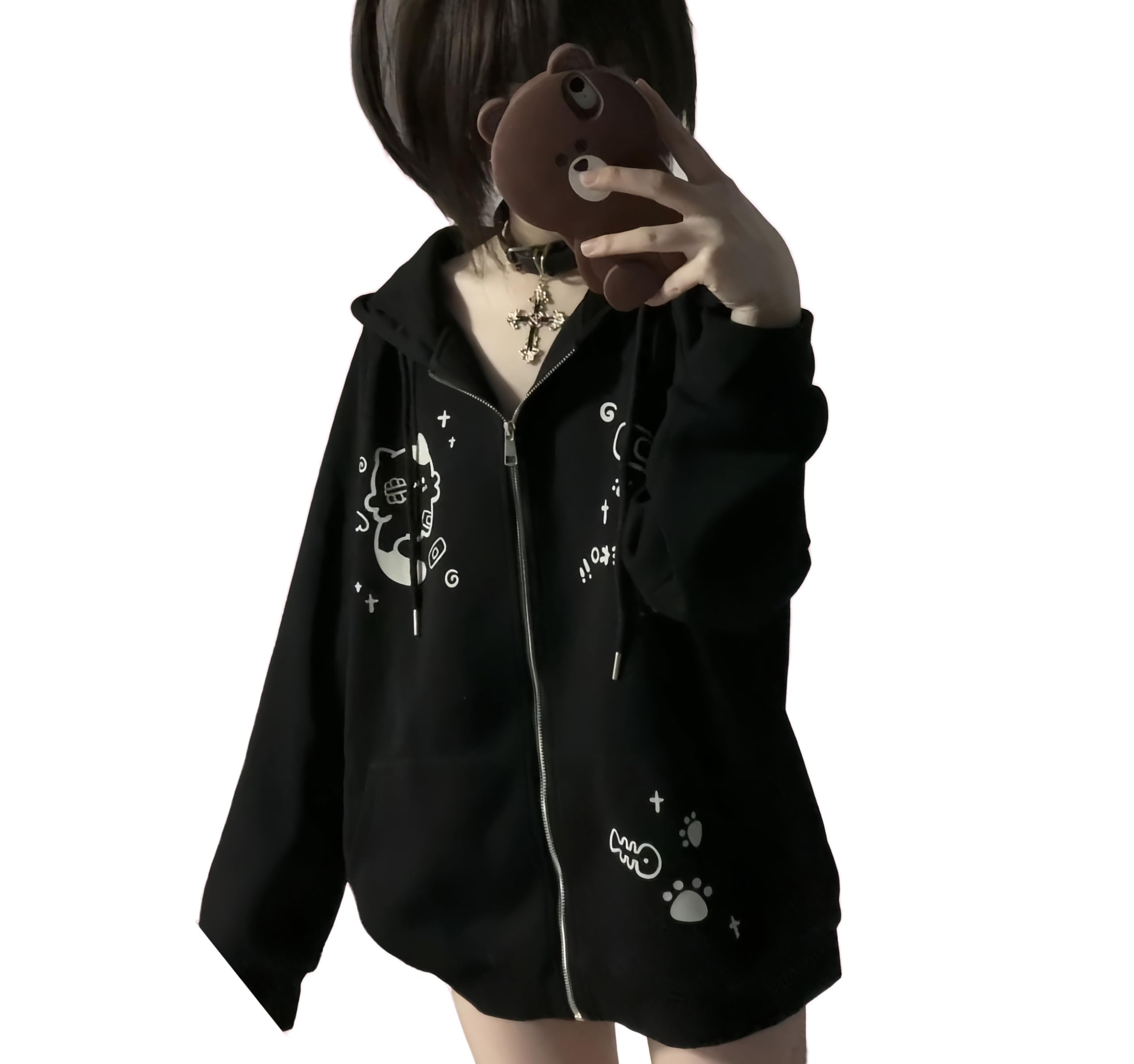 Dynict Womens Y2K Zip Up Cute Graphic Hoodies Cat