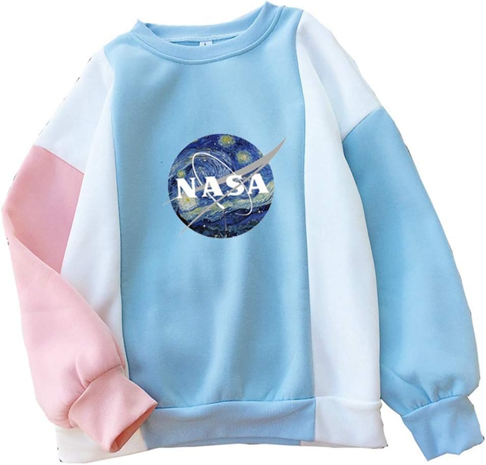 Women's NASA Letter Painting Printed Color Block Round Neck Long Sleeve Sweatshirt Blouse T-Shirt Hoodies