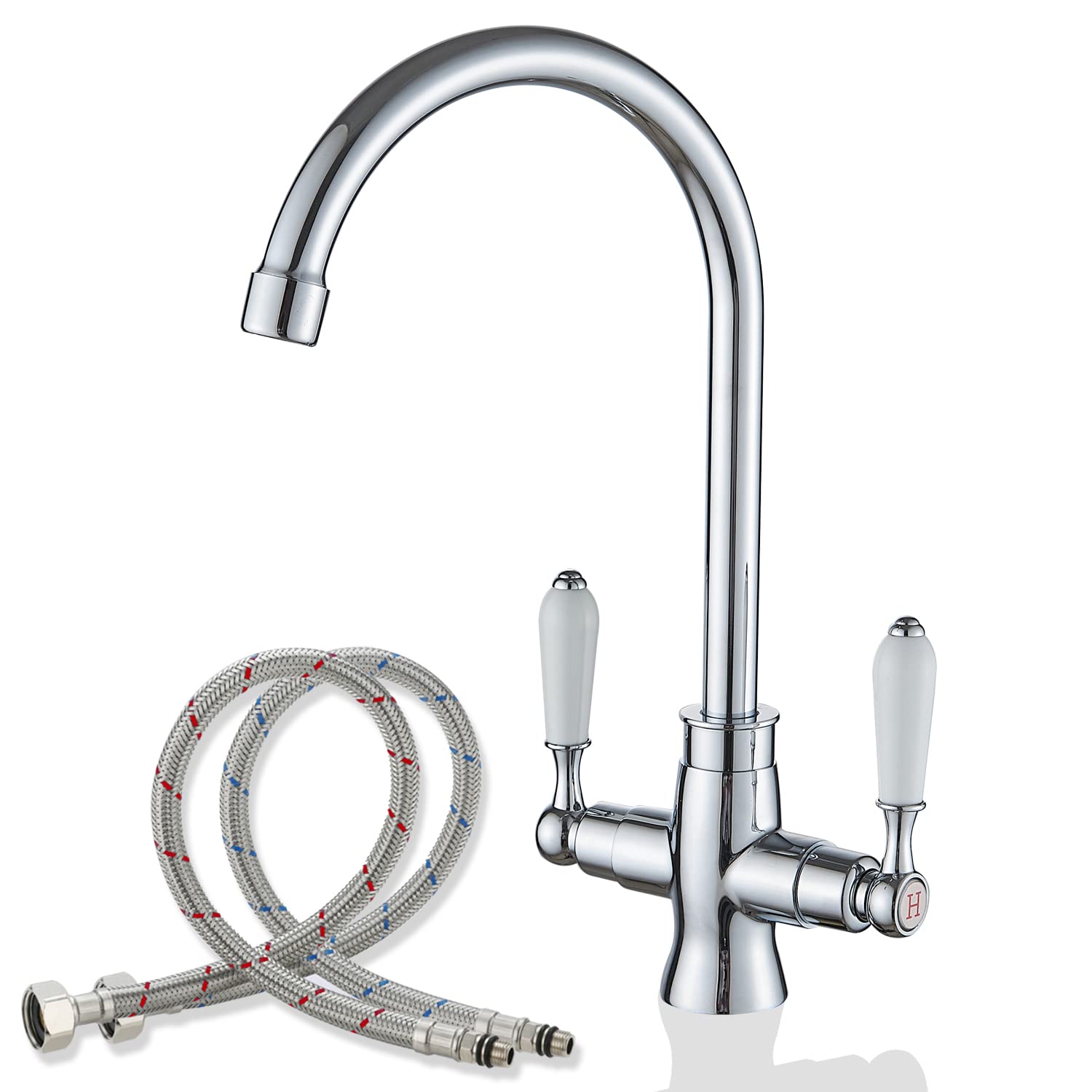 Kitchen Mixer Tap Chrome 1 Hole Brass Material Dual Lever Monobloc Gooseneck High Arch 360 Swivel Hot and Cold Sink Taps Deck Mount for Kitchen UK Standard with Flexi Tails Easy to Install