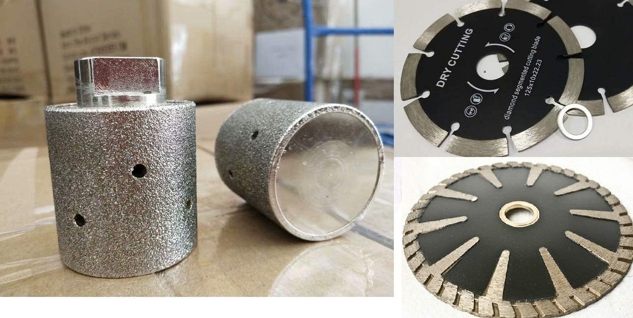 1 3/8" Diamond sink hole zero tolerance grinding drum and 5" Diamond straight and convex curved cutting blade for stone granite concrete quartz kitchen bathroom repair grinder sander