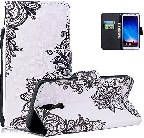 Vectady Case for Huawei Mate 10 Lite [NO for Mate 10], Flip Case Cover Wallet PU Leather Stand Function Magnetic Closure Fashion Protective Phone Case Shell for Huawei Mate 10 Lite Lovely Pattern Print with Card Slots Holder Hand Wrist Strap Slim fit Inner Soft TPU Full Protection Elegant Skin Wallet Cover for Huawei Mate 10 Lite - Black Flower