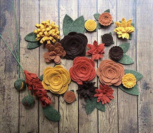 Wool Felt Fabric Flowers - Autumn Flower Embellishment - Large Posies - 20 Flowers & 18 leaves - Create your own Headbands, Wreaths sizes 1.75 - .5"