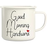 Retreez Good Morning Handsome 16 Oz Enamel Stainless Steel Metal Camping Campfire Coffee Mug Cup - Funny Motivational Inspirational birthday gift for husband boyfriend friend coworker father brother