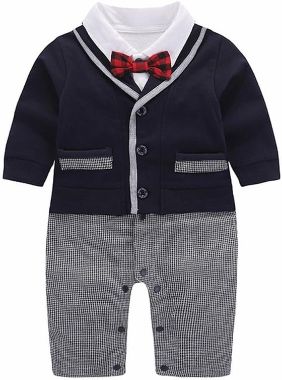 HUHUXXYY Infant Baby Boys Gentleman Outfit Formal Plaid Tuxedo with Bowtie
