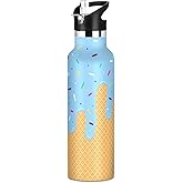 Sletend Water Bottle Kids Insulated Stainless Steel Hot Cold Blue Ice Cream Cone Water Flask Jug with Straw Lid for Sports Gym Running 20 oz